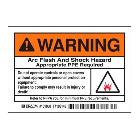 Brady Brady 1011950 Arc Flash Labels, Warning Arc Flash And Shock Hazzard, 3-1/2in X 5in, Blk/Orng/Wht 101950